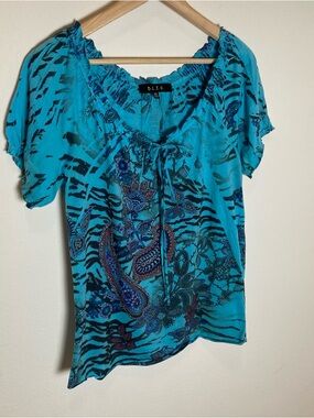 B.L.E.U. Top Womens Medium Multicolor Floral Sleeves Boho Paisley Sequence Blue